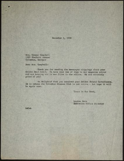 Louise Horn to Mrs. Cooper Campbell Letter, December 1, 1960 (image)