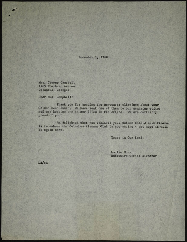 Louise Horn to Mrs. Cooper Campbell Letter, December 1, 1960 (Image)