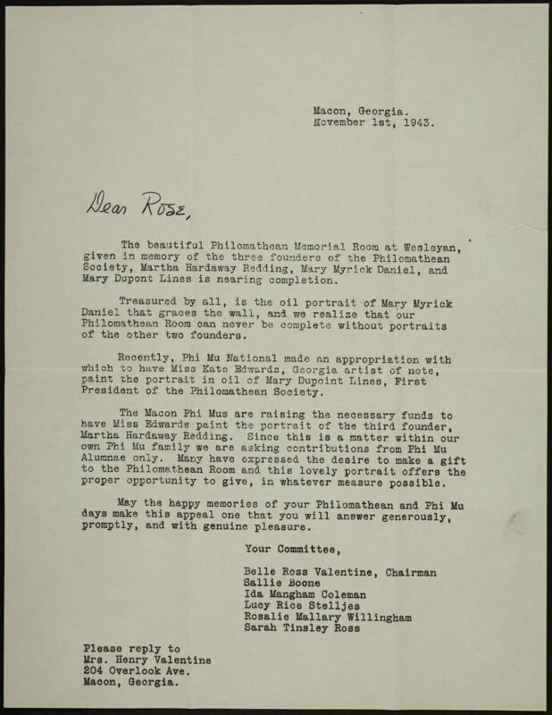Committee to Rose Letter, November 1, 1943 (Image)