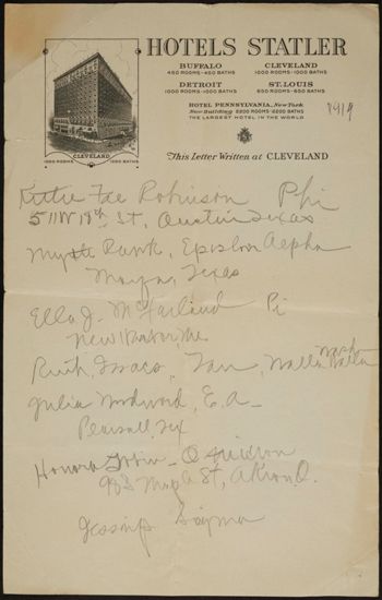 Notes on Hotels Statler Stationery With Envelope, 1919 (image)