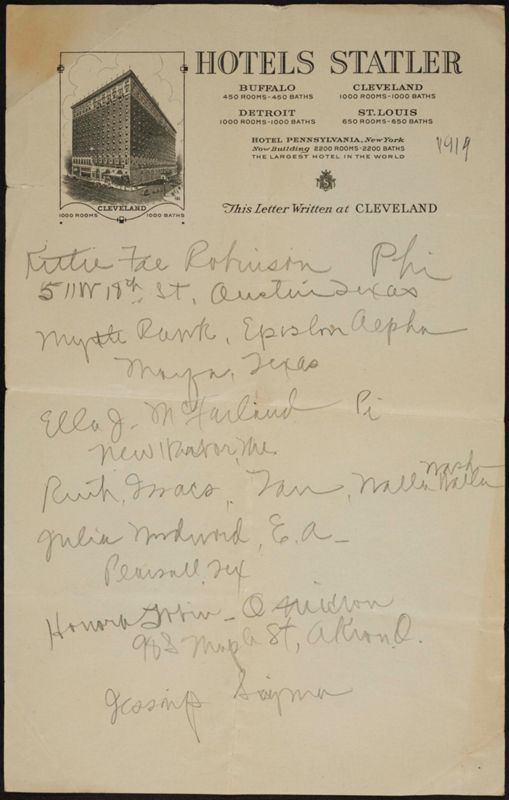 1919 Notes on Hotels Statler Stationery With Envelope Image