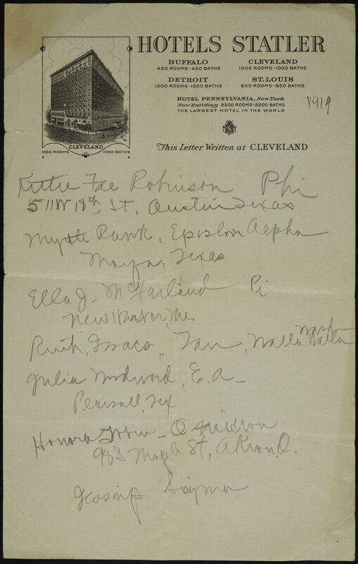 Notes on Hotels Statler Stationery With Envelope, 1919 (Image)