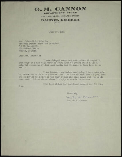 Mrs. G.M. Cannon to Mrs. Caldwell B. McGarity Letter, July 27, 1964 (Image)