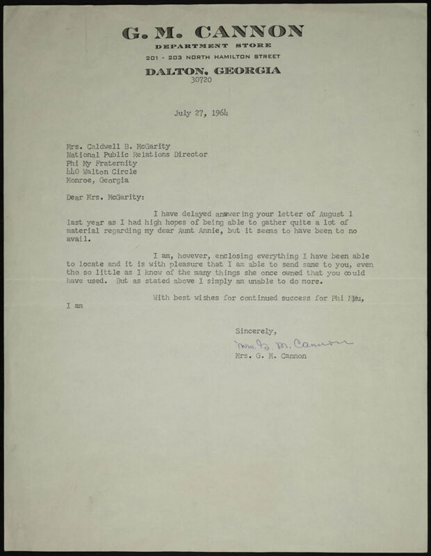 Mrs. G.M. Cannon to Mrs. Caldwell B. McGarity Letter, July 27, 1964 (Image)