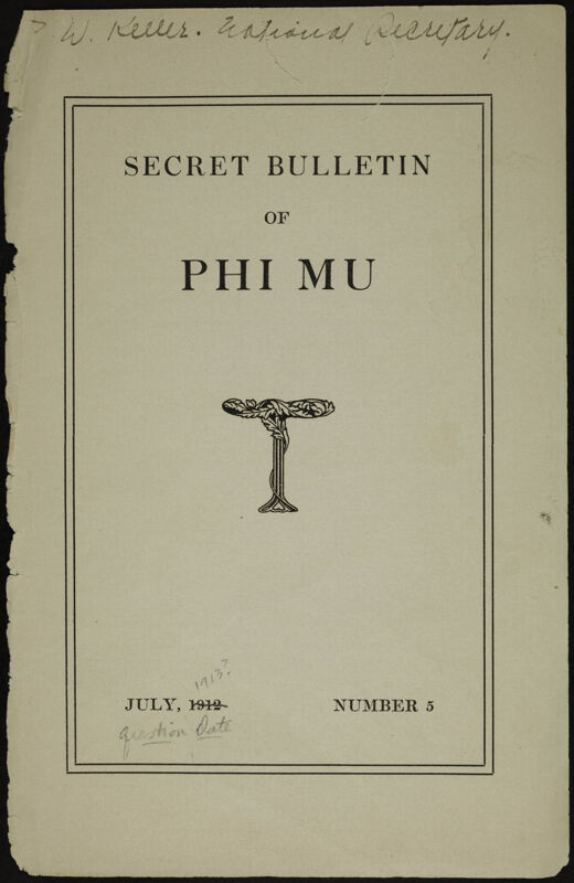 Secret Bulletin of Phi Mu, Number 5, July 1912 [sic] (Image)