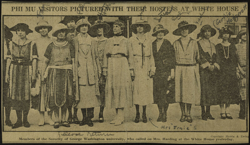 Phi Mu Visitors Pictured With Their Hostess at White House Newspaper Clipping 2, June 28, 1922 (Image)