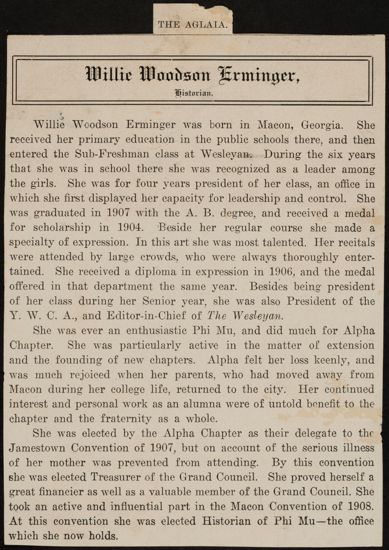 Willie Woodson Erminger Magazine Clipping, c. 1908 (image)