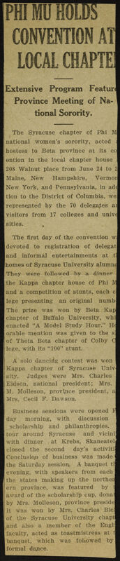 Ph Mu Holds Convention at Local Chapter Newspaper Clipping, June 24-27, 1926 (Image)