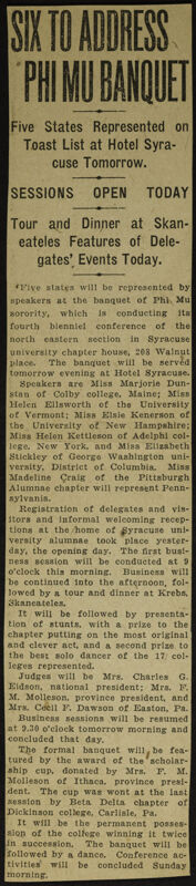 Six To Address Phi Mu Banquet Newspaper Clipping, June 24-27, 1926 (Image)