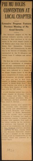 Phi Mu Holds Convention at Local Chapter Newspaper Clipping, June 24-27, 1926 (image)