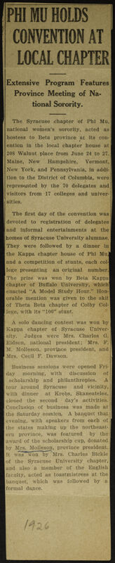 Phi Mu Holds Convention at Local Chapter Newspaper Clipping, June 24-27, 1926 (Image)
