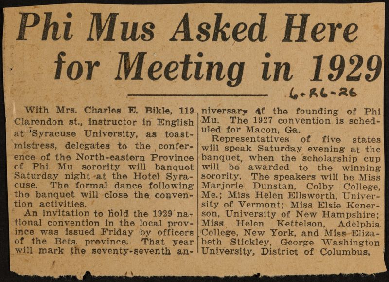 June 26 Phi Mus Asked Here for Meeting in 1929 Newspaper Clipping Image