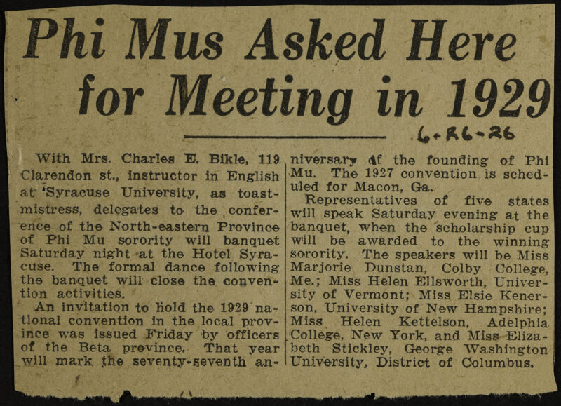 Phi Mus Asked Here for Meeting in 1929 Newspaper Clipping, June 26, 1926 (Image)