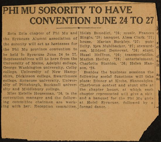 Ph Mu Sorority To Have Convention June 24 to 27 Newspaper Clipping, June 1926 (image)