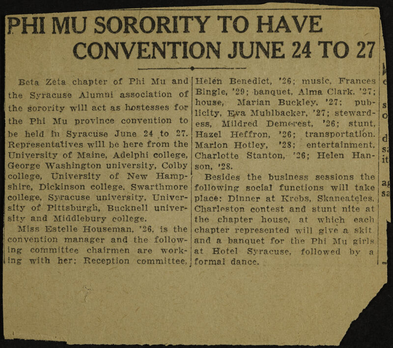 Ph Mu Sorority To Have Convention June 24 to 27 Newspaper Clipping, June 1926 (Image)