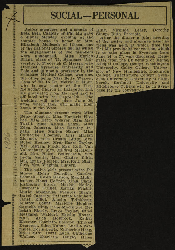 1926 Social--Personal Newspaper Clipping Image