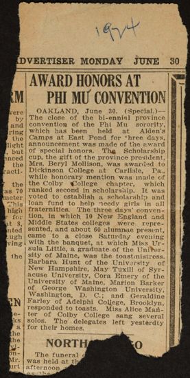 Award Honors at Phi Mu Convention Newspaper Clipping, June 30, 1924 (image)