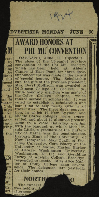 Award Honors at Phi Mu Convention Newspaper Clipping, June 30, 1924 (Image)
