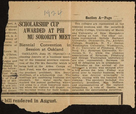 Scholarship Cup Awarded at Phi Mu Sorority Meet Newspaper Clipping, 1924 (image)