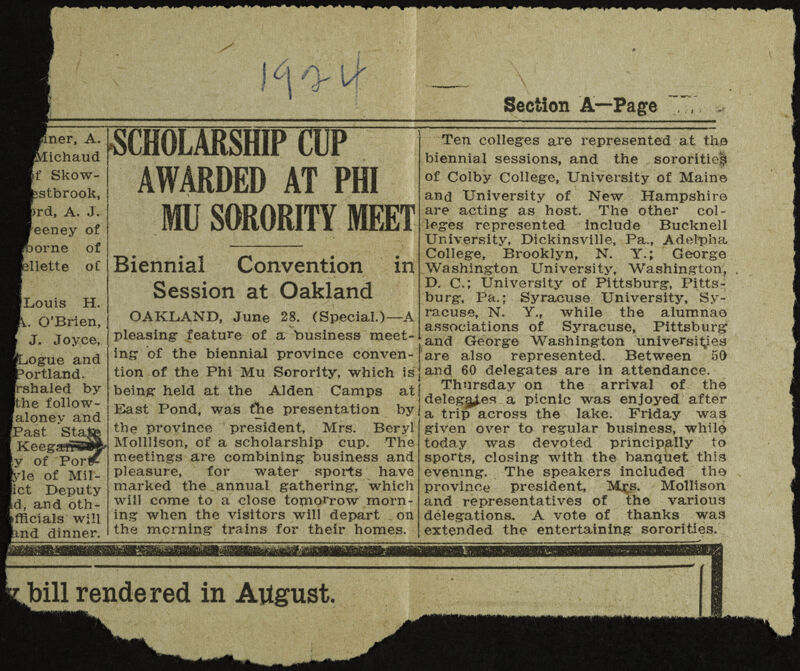 Scholarship Cup Awarded at Phi Mu Sorority Meet Newspaper Clipping, 1924 (Image)