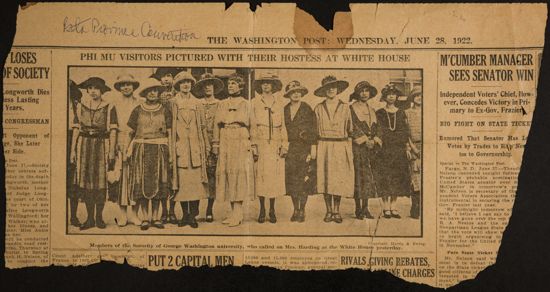 Phi Mu Visitors Pictured With Their Hostess at White House Newspaper Clipping 1, June 28, 1922 (image)