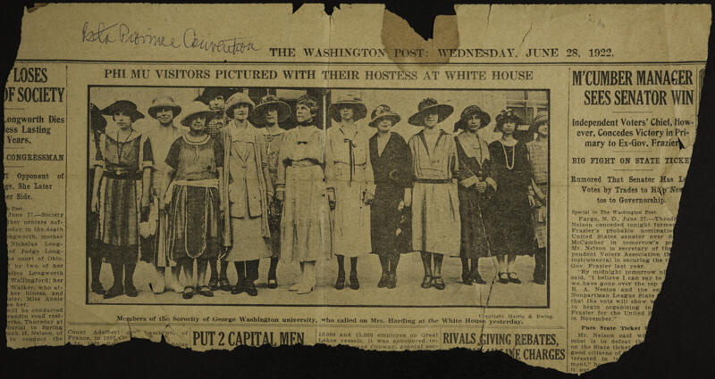 Phi Mu Visitors Pictured With Their Hostess at White House Newspaper Clipping 1, June 28, 1922 (Image)