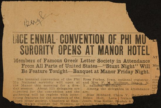 Bice Ennial [sic] Convention of Phi Mu Sorority Opens at Manor Hotel Newspaper Clipping, 1921 (image)