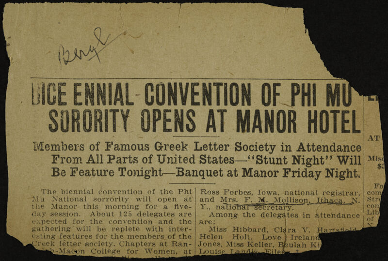 Bice Ennial [sic] Convention of Phi Mu Sorority Opens at Manor Hotel Newspaper Clipping, 1921 (Image)