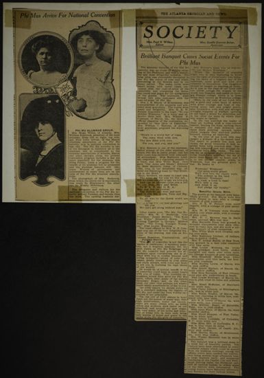 Phi Mus Arrive for National Convention and Brilliant Banquet Closes Social Events for Phi Mus Newspaper Clippings, July 1911 (image)