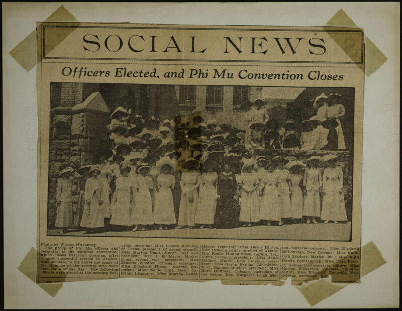Officers Elected, and Phi Mu Convention Closes Newspaper Clipping, July 1911 (Image)
