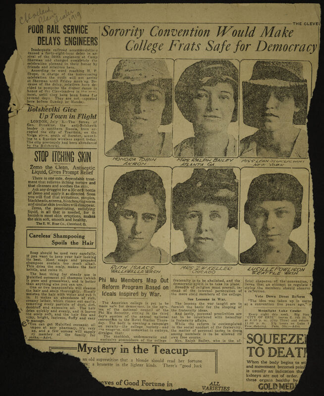 Sorority Convention Would Make College Frats Safe for Democracy Newspaper Clipping, 1919 (Image)