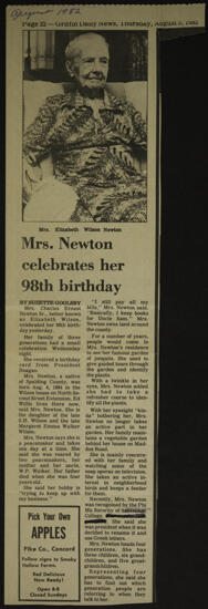 Mrs. Newton Celebrates Her 98th Year Newspaper Clipping, August 5, 1982 (image)