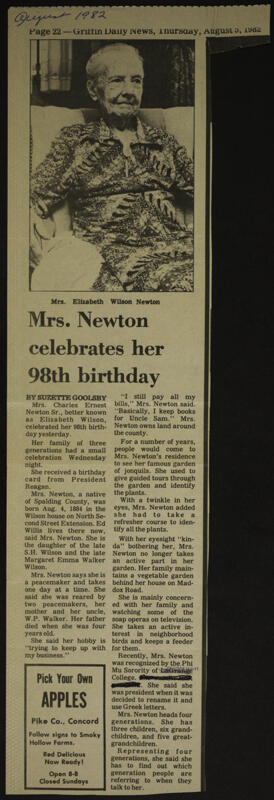 August 5 Mrs. Newton Celebrates Her 98th Year Newspaper Clipping Image