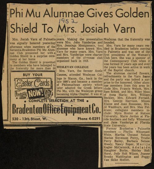 Phi Mu Alumnae Gives Golden Shield to Mrs. Josiah Varn Newspaper Clipping, 1952 (image)