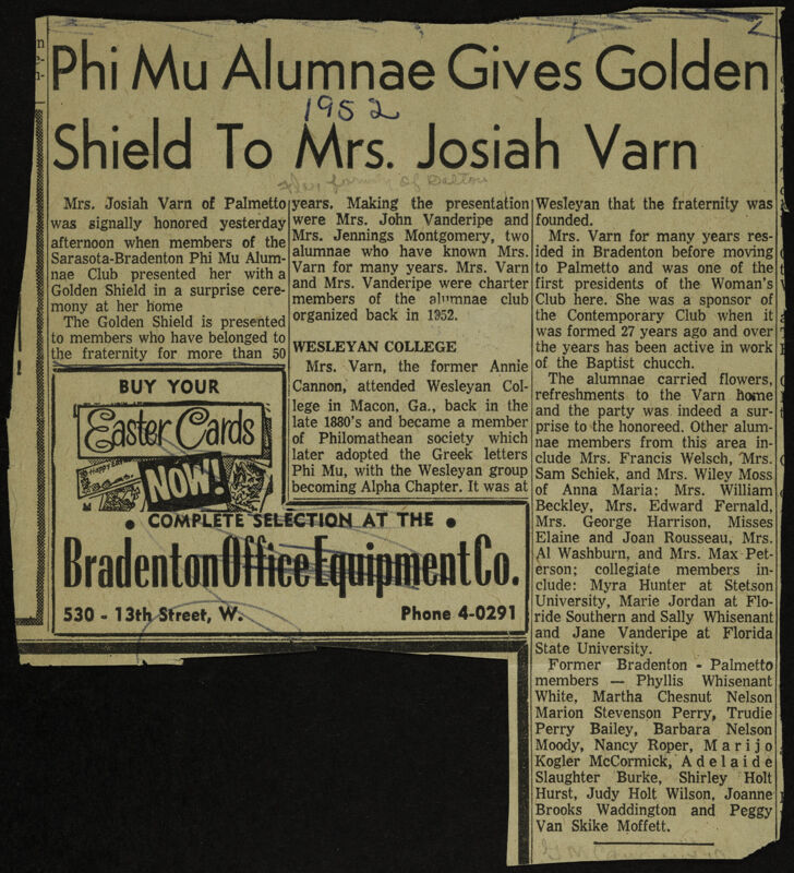 Phi Mu Alumnae Gives Golden Shield to Mrs. Josiah Varn Newspaper Clipping, 1952 (Image)