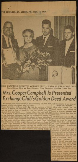 Mrs. Cooper Campbell Is Presented Exchange Club's Golden Deed Award Newspaper Clipping, November 18, 1960 (image)