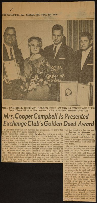 November 18 Mrs. Cooper Campbell Is Presented Exchange Club's Golden Deed Award Newspaper Clipping Image