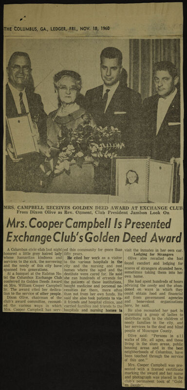 Mrs. Cooper Campbell Is Presented Exchange Club's Golden Deed Award Newspaper Clipping, November 18, 1960 (Image)