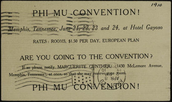 Phi Mu Convention Card, April 8, 1910 (image)