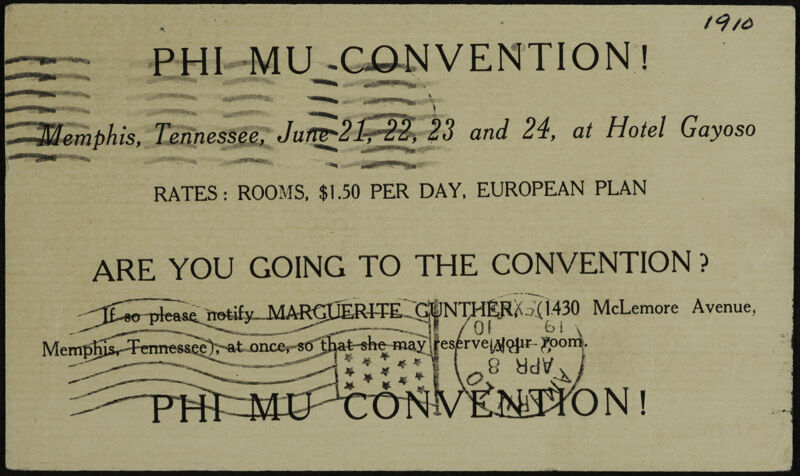 Phi Mu Convention Card, April 8, 1910 (Image)
