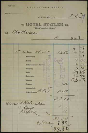 M. Molleson Invoice From Hotel Statler, July 5, 1919 (image)