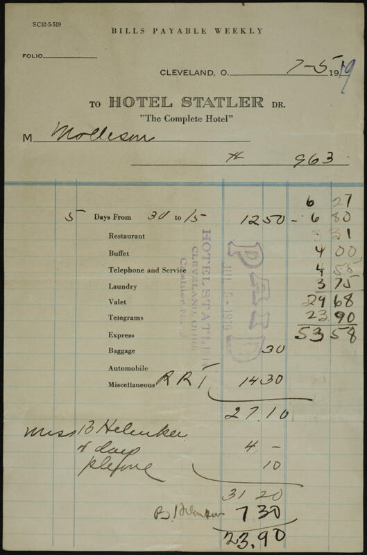 M. Molleson Invoice From Hotel Statler, July 5, 1919 (Image)