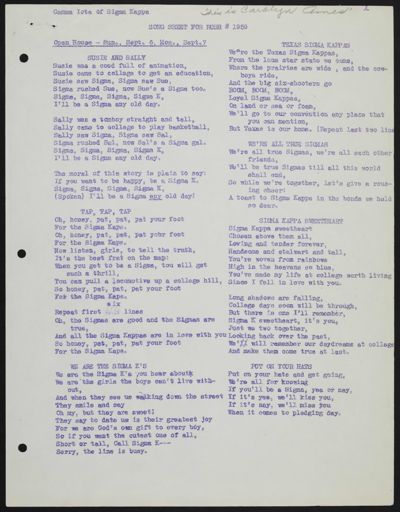 Gamma Iota Song Sheet for Rush, 1959