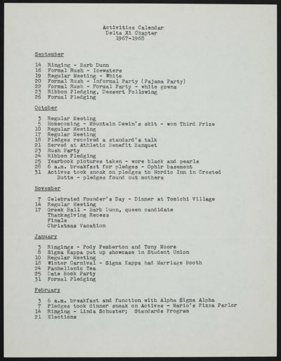 Activities Calendar - Delta Xi Chapter, 1967-1968