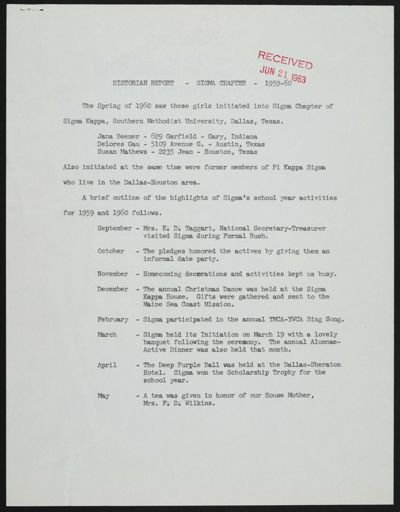 Historian Report - Sigma Chapter, 1959-1960