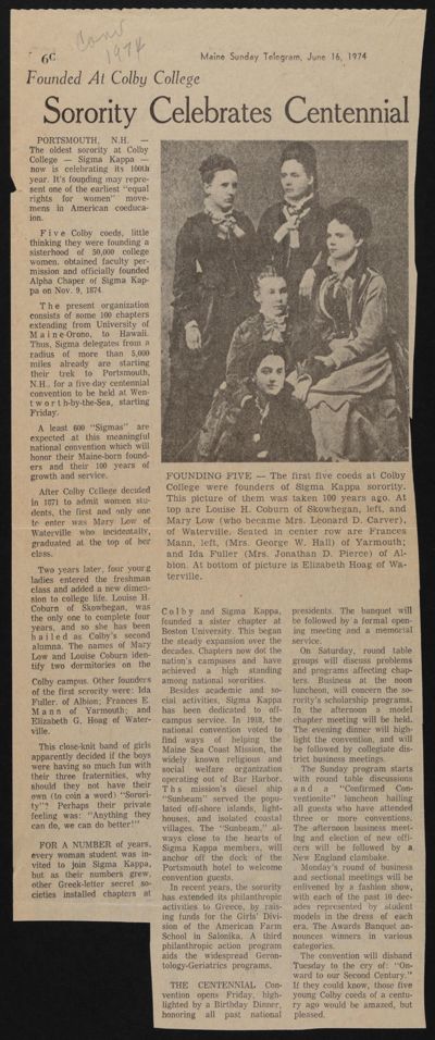 Sorority Celebrates Centennial Newspaper Clipping, June 16, 1974