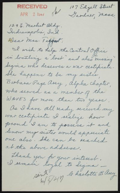 Charlotte B. Arey to Margaret Taggart Letter, March 1947