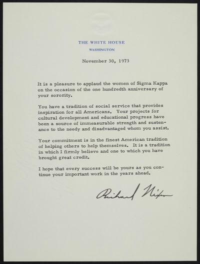 Richard Nixon to Sigma Kappa Letter, November 30, 1973