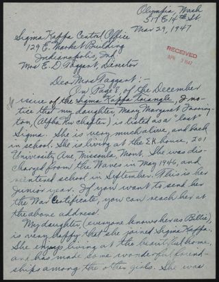 Clayton Farrington to Margaret Taggart Letter, March 29, 1947