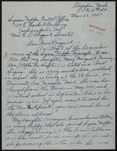 Clayton Farrington to Margaret Taggart Letter, March 29, 1947